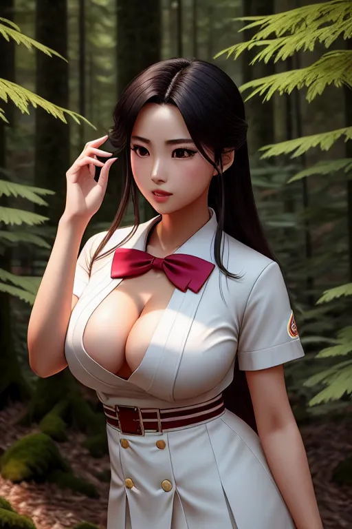 a illustration of,rio yamashita,wearing japanese high school uniform,touching breasts,in the forest,big breasts,five slender fingers,silky hair,beautiful face,beautiful lips,brown eyes,curved eyebrows,smooth skin,cosy,tattoo,unreal engine,editorial,sharp focus,professional,bokeh