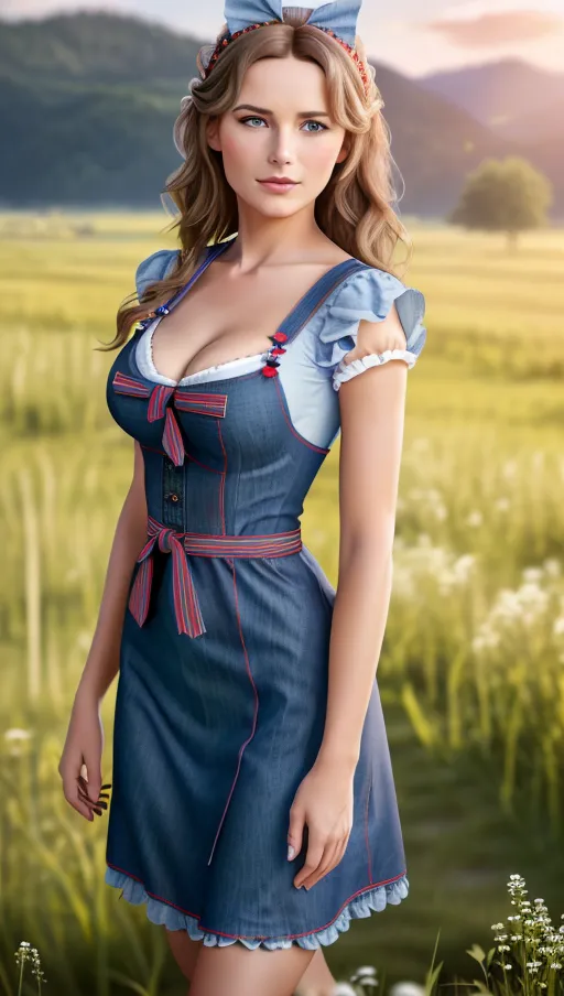 solo German lady, (Denim Dirndl with Beachy Waves), (C-shaped Eyes with Wavy Nose and Bow Lips), sitting on meadow, portrait, cgsociety, (((8k ultra high resolution photo)))