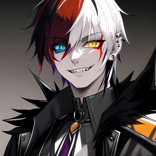 solo male, hunter,Cunning Eyes , jagged sharp teeth, Feisty look, pet chain collar spiked around neck,dagger ear piercings, cauasian white guy, fluffy purple jacket, heterochromia green yellow eyes, wolf animal eyes, plain white shirt, auburn antenna spikey hair disney prince messy shortish antenna length light, male guardian of the earth , teen wolf, bloody, psycho look in eyes, grinning, smiling , blood , school clothing, auburn hair, bright eyes , heterochromia, no facial hair, background paint spots creative ,masterpiece, digital art masterpiece, colorful, paint splashs
