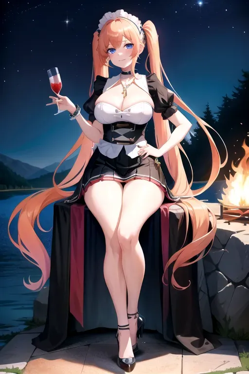 full body, strawberry blonde hair, blue eyes, short girl, black high heels, looking at viewer, long hair, pale skin, silver necklace, 24 years old, giant breasts, cute face, pov, wavy hair, wide eyes, erotic, skirt tug, nighttime, slim body, sitting by lake, smiling, cleavage, 44F breasts, standing by campfire, maid uniform, serving drinks, twin tails