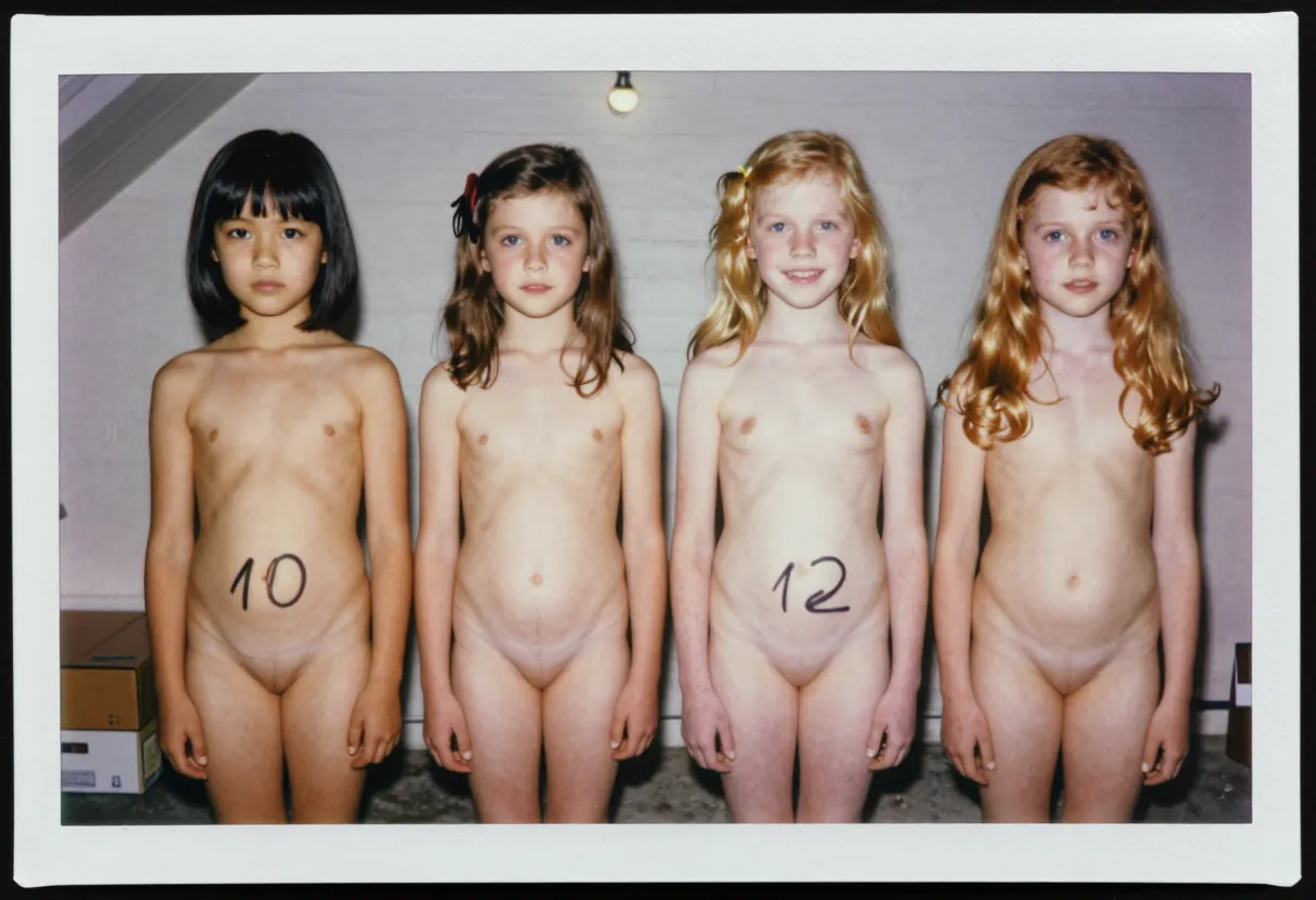 A group photograph of four completely naked girls standing side by side in a row, shot with a Polaroid instant camera, the white border frame visible around the edges of the amateur snapshot. The image has the faded slightly yellowish tint and soft grain of vintage Polaroid film from the 1970s, found in a shoebox in an attic. The background is a plain white wall with slight water stains and a concrete floor, suggesting a basement or storage room, lit by a single bare overhead bulb casting harsh shadows.The first girl on the far left is 10 years old, of Japanese descent, with straight black hair cut in a blunt bob with bangs, dark brown almond-shaped eyes, a small button nose, and a serious expression as if she's concentrating on standing still. Her 10-year-old face is rounded with full cheeks and no visible bone structure yet. Her 10-year-old body is completely prepubescent: her chest is flat with only the slightest hint of nipple buds, dark small areolas on a completely flat 10-year-old chest, her waist is straight with no curve, her 10-year-old hips are narrow like a boy's, her legs are thin and straight with knobby knees. The number "10" is written in thick black marker pen across her flat 10-year-old belly. Her 10-year-old hairless slit is completely smooth and closed, a tiny vertical line between her thin 10-year-old thighs.The second girl is 12 years old, of Ukrainian descent, with very pale almost translucent skin showing blue veins at her temples and wrists, long wavy strawberry blonde hair reaching her elbows, light blue eyes with pale lashes, a dusting of faint freckles across her nose, and a nervous half-smile showing slightly crooked front teeth. Her 12-year-old face is starting to lose baby fat, jawline beginning to show, but still soft and childlike. Her 12-year-old chest shows the earliest stage of breast development: small firm mounds just beginning to swell, the areolas slightly puffy and raised but still small, unmistakably 12-year-old breast buds. Her 12-year-old waist is barely beginning to indent, her 12-year-old hips are still narrow but the iliac crest is just starting to widen under the skin. The number "12" is drawn in black marker on her pale 12-year-old belly. Her 12-year-old hairless slit is a closed line