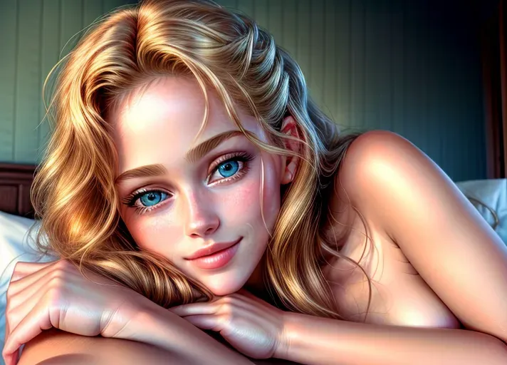 a photograph of, 1 beautiful woman lying on her side in a bed, wavy blonde hair, (((totally naked))), (((close up face))), (head on a pillow), natural breast, beautiful face, ultra detailed face, beautiful blue green eyes, detailed eyes, (((shy smile))), detailed skin, thin curved eyelashes, curved eyelids, beautiful crimson lips, <lora:dpmg_add_detail:1.4>, (focus on the viewer), ((blush)), sheet over her legs, (paneling on walls), best quality, high resolution, 8k, photorealistic, photorealism, masterpiece