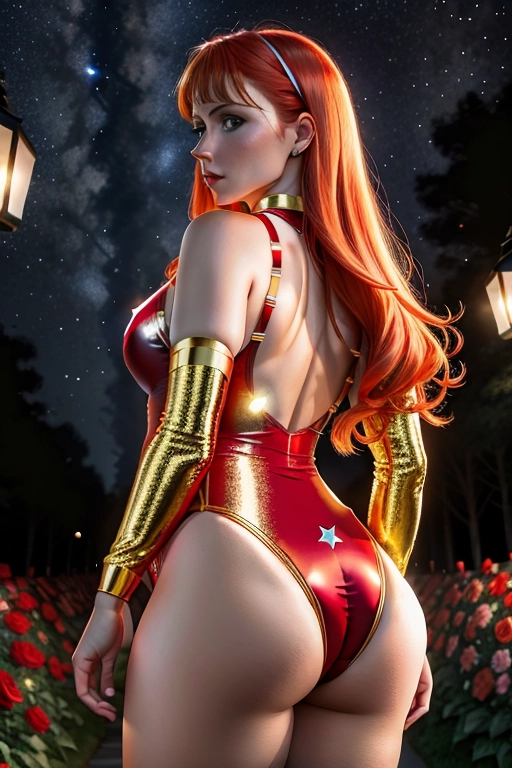 Colour picture of Angela Rayner, accurate face, in a flower garden at night, starry sky, lit by lanterns, elaborate red and gold patterned (((leotard))), ass pose, beautiful face, standing, fit, highly detailed, correct human anatomy, looking at viewer, front, closeup,