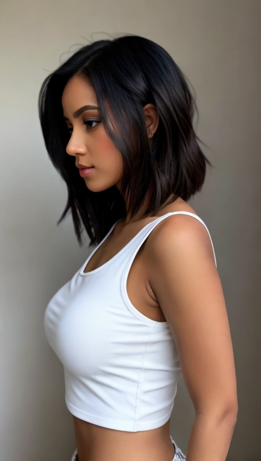 side view, black straight hair, very busty, 20 years old, shoulder view, black croped tank top, white short skirt,<lora:dpmg_upshirt:1>