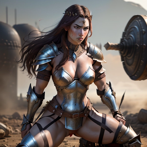 Warrior queen, brunette, muscular, wearing leather armor, beautiful, strife, conflict, (((armor is damaged exposing her privates))), struggle
