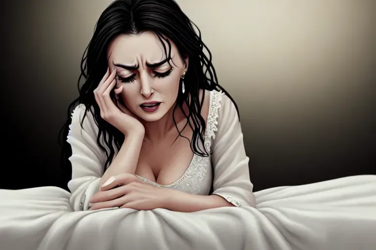 a illustration of, caroline ellison, wearing no shoes, five slender fingers, dainty body and dainty feet, penis forced into her vagina, she cries tears of defeat, tears streaming down her cheeks, pinned down flat on her back against a mattress, she cries out no, quiet sobs, whimpering, wavy curtain bang, beautiful face, beautiful lips, curved eyebrows, defeated, wearing goth ring, studio lighting, ultra realistic, highly detailed, 8k, editorial
