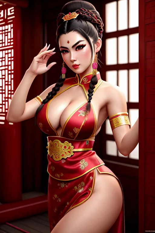 a photo shot of,blake blossom,wearing chinese costume,dancing,in a temple,big breasts,five slender fingers,braids hair,beautiful face,beautiful lips,detailed large eyes,curved eyebrows,erotic,tattoo,artstation,highly detailed,ultra realistic,cgsociety,unreal engine