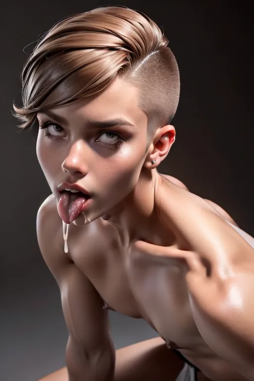 (tall athletic woman with muscular features), (androgynous face with angular features), nude, ((short butch brown hair)), tattoos, (((small breasts))), (topless, wearing silver thong), (woman on her knees looking up, three-quarter body shot, <lora:dpmg_ahegao:0.5>, dpmg_awaitingtongue_v1, large penis of a man, huge saggy testicles, cum oozing from mouth, cum streams erupting onto her face),
<lora:dpmg_add_detail:0.5>, ((masterpiece)), ((photograph quality)), ((realistic)), <lora:dpmg_3d_rendering:0.6>