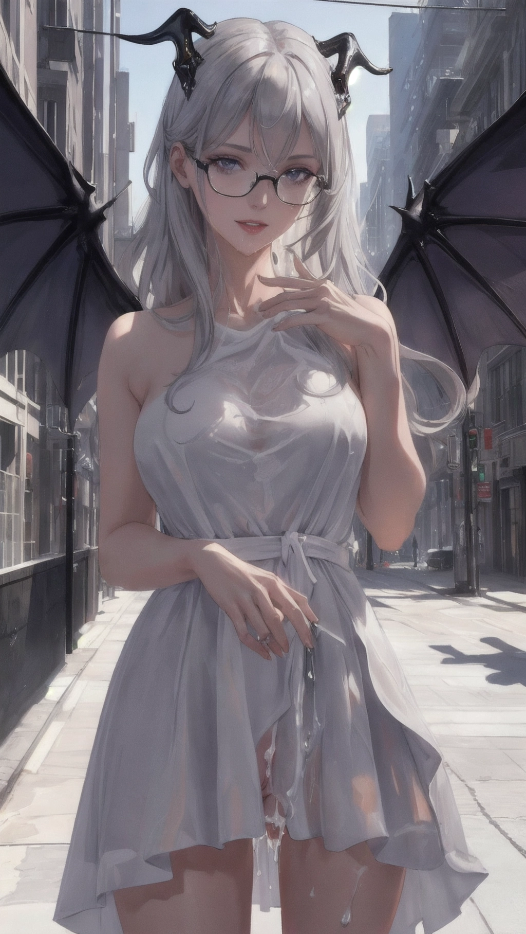 Best quality, an adult woman, (a breathtaking masterpiece of close up pussy shot of an adult woman lifting up her skirt), (long straight grey hair with demon horns, nude with white sundress with pussy exposed:1.2),
thin and slender, (detailed purple eyes looking at viewer:1.2), (extremely detailed view of realistic face with seductive expression:1.2), beautiful detailed full lips smiling seductively showing teeth, (zoomed in view of naked pussy dripping with cum:1.35),
city streets during the day with tall buildings and bright blue sky, hyperrealistic pale skin, (succubus wings, glassess), five slender fingers lifting up sundress,
Close up pussy shot of an adult woman with demon wings in a city lifting up skirt, soft focus, sharp and clear image, (flat shading stylised colorful art:1.07), <lora:dpmg_add_detail:0.25>, (physically-based ray tracing, photon mapping, photorealistic:1.35), (high resolution masterpiece, 4K, HDR, UHD:1.35), <lora:bukkake:0.12>