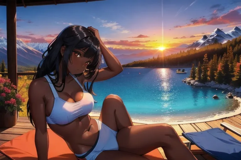 sun bathing, mountain setting, sunset, loves the warmth on her skin, dark skin, ebony