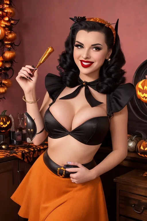 Full color, Halloween, gorgeous witch, cauldron, warm sexually welcoming smile, closeup, 1940s style pinup hairstyle and makeup, looking into the camera lens, (deep plunge sweetheart style neckline)(revealing navel), cleavage, miniskirt, sexually aroused, Halloween decorations, sexually excited, trimmed pubic hair, stiletto heels,