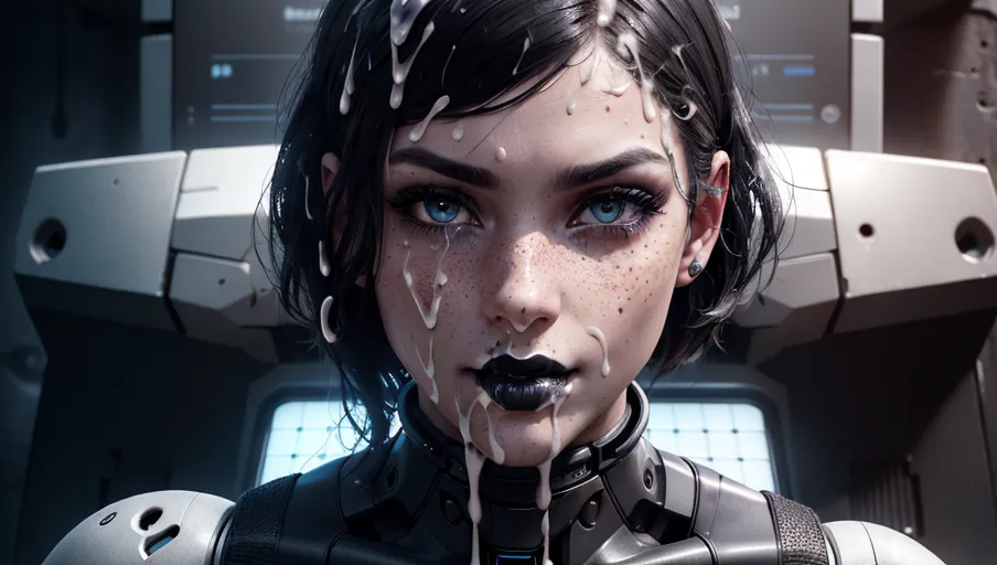 photorealistic, 8k, accurate face, detailed face, (((replicate inspiration face))), freckles, (black lipstick),robot slave, (cum slut:1.3), breasts with nice nipples, (outfit), slut face, dynamic, 8K, digital photo, looking at you,