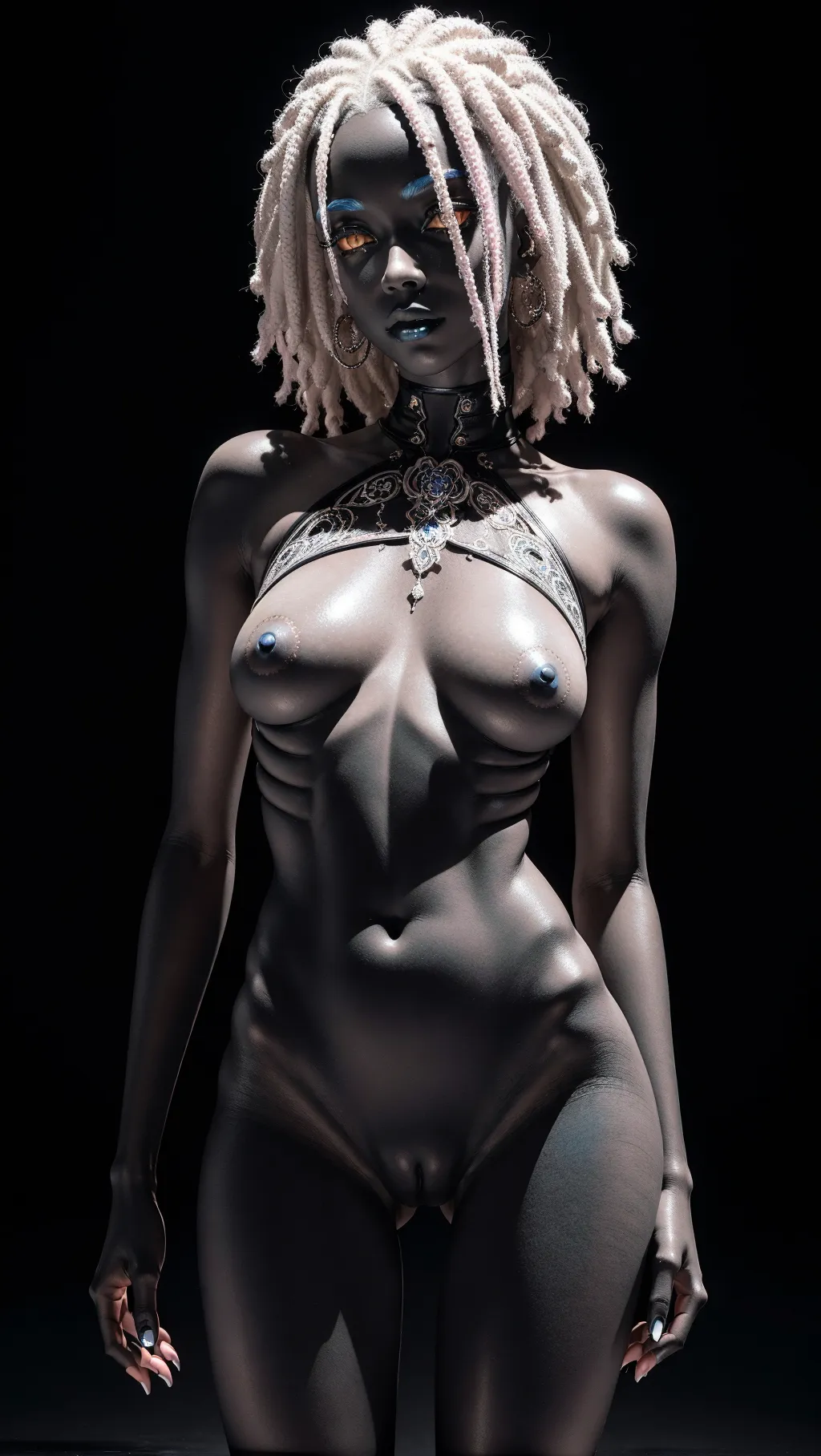Alabaster Pale little goth woman with bright blue hair in dreadlocks, all skin from head to toe is painted flat black with intricate luminescent pink filigree everywhere, black paint dripping from her fingers, high quality, nude, thin anorexic woman, very small breasts and nipples, narrow hips and legs, intricate detail, smooth feminine body, sexually provocative pose, dark background, flat black paint no shine whatsoever, albino eyes, lighting is from
The side with deep shadows and contrast, low camera angle looking up from ankle height