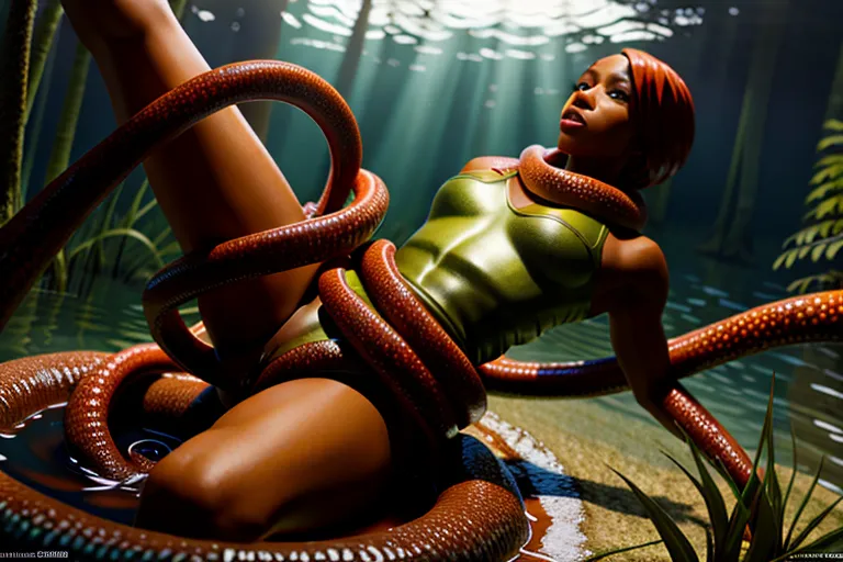 a 8K resolution photo shot of, beautiful african american woman with caramel skin, large breast, wearing a leotard, surprised moaning, (accurate Anatomy),((detailed hair features)),(((detailed facial features)),((detailed arms features)),((detailed crotch features)),beautiful lips, front lighting, full body in frame,tentacle sex, outdoor swamp pit of tentacles shallow slimy water background, arms visible, tentacles wrapped around stomach, tentacles holding arms, tentacle wrapped around neck