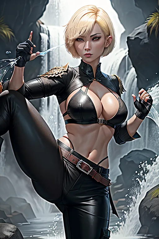 black desert online, fantasy human female martial artist, blonde short bob cut hair, black pants with straps, exposed stomach, black trousers with straps, dark red blouse, martial artist gloves, beautiful mature face, gray eyes, slightly tanned skin, vibrant color, colorful, strong colors, martial arts pose, water magic, controlling water, water dragon, martial arts stance, waterfall background, fighting stance, combat, one leg in the air, kicking