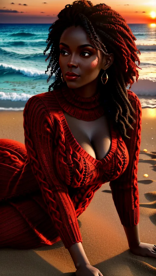 dark black woman,(((red knit dress))), thin, natural hair, thick golden creoles, (((lying sidewise on the beach)))), close up side view camera shot, joyful, looking at the camera, cgsociety,sunset, 8k high resolution photo