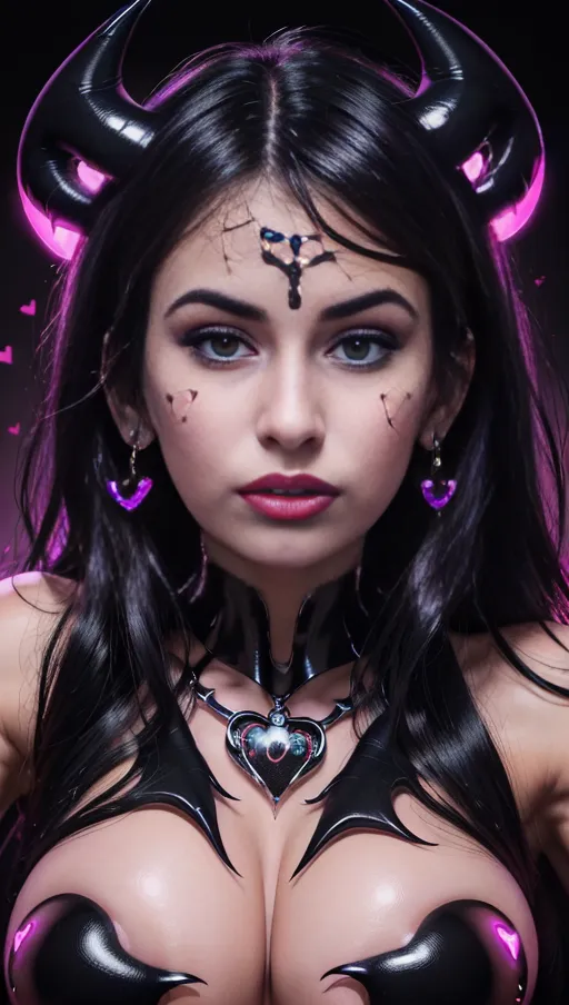 best quality, (((ultra high res))), (detailed face and eyes), hearts, perfect face, big choker, earrings, jewelry, glowing heart, heart necklace, ((((big heart pasties)))), ((black hair)), ((((succubus)))), dark background, ((very giant tits)), ((symbiote girl)), ((female symbiote transformation)), ((symbiote goo)), face closeup, ((((claws)))), ((((face closeup)))), corruption