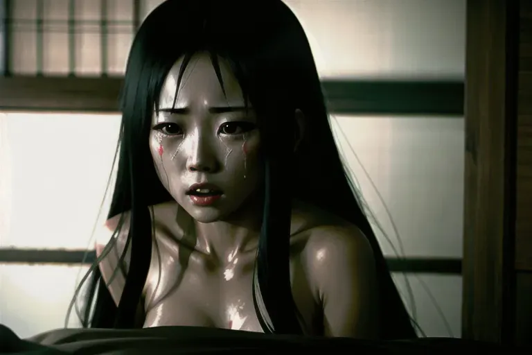 8k photorealistic photo of, man raping scared naked Sadako Yamamura in her pusy, forced sex,crying, makeup messy