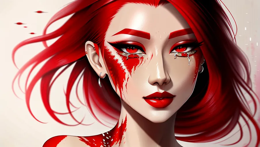 A half body portrait of an asian woman made of blood, half body is submerged in blood, red hair depicting a waterfall, drops of water on the face and body, tears of blood, concept art inspired by Alberto Seveso, abstract artstyle, intricate, watercolor explosion painting, digital painting, 2d render, 8k, trending on artstation
