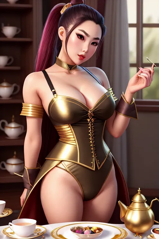 a color pencil draw of,eimi fukada,wearing wizard clothes,all-fours,in a tea party,small breasts,five slender fingers,ponytail,gorgeous face,beautiful lips,curved eyebrows,curved eyelid,romantic,wearing golden ring,artstation,unreal engine,sharp focus,cgsociety,surreal