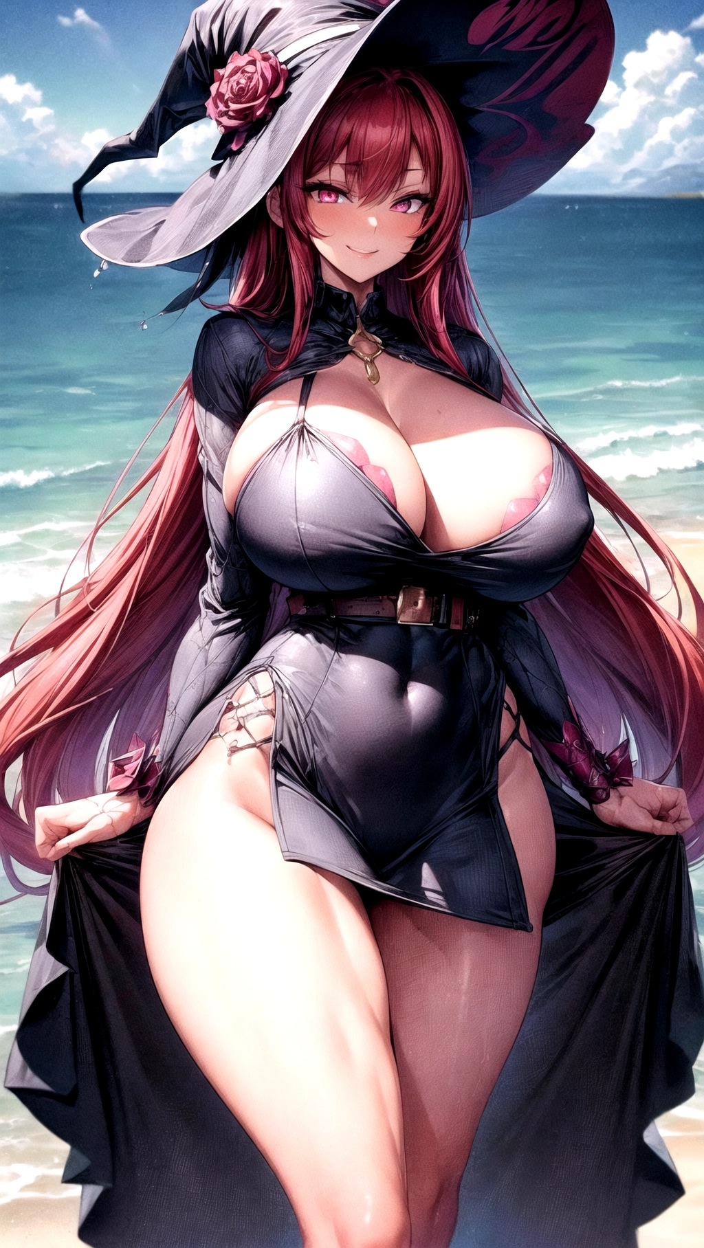 Beautiful, masterpiece, ((((8K resolution)))), hyper resolution, ((beach backdrop)), vibrant colors, (1girl), solo, female focused, face focus, extreme face details, chest up shot, close up shot,
A beautiful (witch) wearing a long skintight dress with a huge butt, massive butt, round ass, big boobs, smug, smug smile, belt, button up shirt, heavy breasts, hanging breasts, athletic body, seductive face, seducing viewer, thick thighs, (((absolutely massive breasts))), skinny waist, long eyelashes, wide hips, red hair, bright pink eyes, ((((hyper detailed eyes)))), perfect hair, <lora:dpmg_add_detail:1.4>