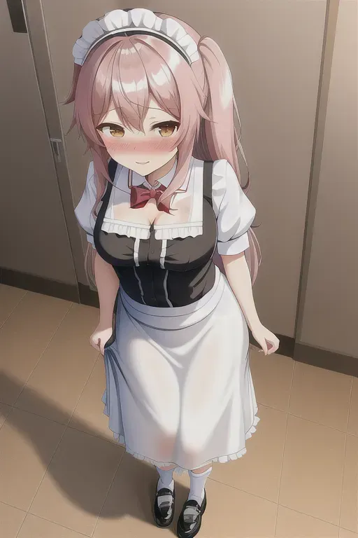 VERY sexy neko maid, blushing, FULL body, pulling skirt ALL THE WAY up, standing up
