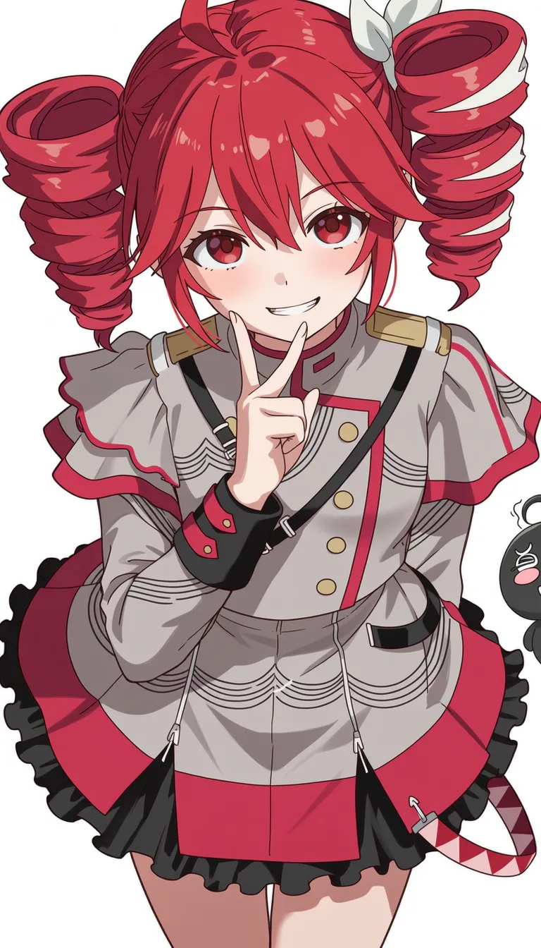 best quality, score_7, score_9, sensitive, very aesthetic, ultra detailed, fair skin, explicit, high contrast, kasane teto,kasane teto (sv),1girl,ahoge,dot nose,double-parted bangs,drill red short hair,hair between eyes,red eyes,buttons,double-breasted,frilled grey skirt,frills,grey jacket,hair ribbon,long sleeves,white ribbon,blush stickers,grin,hand up,looking at viewer,smile,solo,cowboy shot,twin drills,