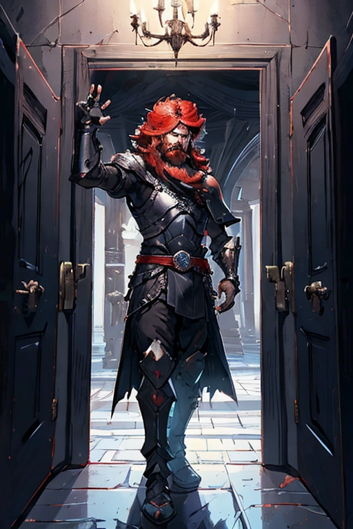 Fantasy knight with holding a large greatsword, red hair, full red beard, blue eyes, strong chin, wearing a violent black tunic, wearing ebony steel armor, holding a greatsword with one hand, it is a full sized flaming enchanted greatsword, holding a large red and silver shield with the other hand, holy cross crest, standing regal, standing in the grand doorway to a throne room, just busted down the door, staring down the court of an evil king, thunder and lighting outside the door in the background, ((high definition)), ((4k quality)), ((excellent lighting)), ((great shading)), ((pristine detail)), ((really clear picture)), ((dark gritty colors)), ((accurate at lower prompt guidence)), ((ultra realistic)), (((five fingers per hand))), (((two arms per person))), (((two legs per person))), ((((100 percent according to prompt))))