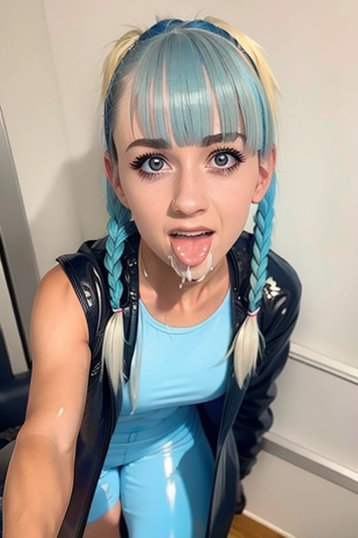 <lora:PN7xrGpnVMg_Ashley:0.9>
(((naked))), (realistic tongue, dpmg_awaitingtongue_v1), ((cum on her face:1.1)), ((tiny_breasts)), ((skinny muscle_girl:1.3)) , (dpmg_face_cum_v1:1.5), (((blue hair, bangs hair, pigtails))), (wearing a high-collar latex trenchcoat),
