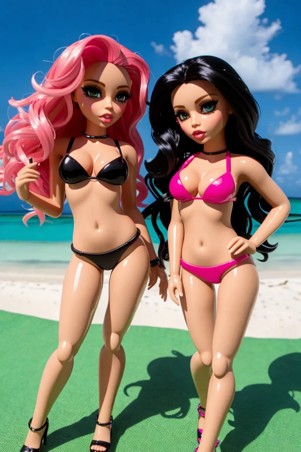 Two Bratz dolls, sexy pose, on a tropical island, looking at the camera