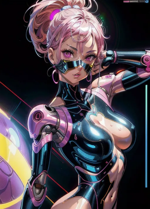Best quality, high res, 2 adult naked women, (poster of two adult female cyborgs with body paint and a metallic mask posing for a basketball pin up, holding basketball, number painted on bare chest), (pale pink hair), (correct human anatomy, cyborg limbs, nude with exposed belly and crotch), ((extremely detailed face, extremely detailed pink eyes:1.3)), (heart pupils), looking at viewer with a smug expression, stunning dreamy atmosphere, beautiful colourful lighting, close up cinematic composition of two female cyborgs, soft artwork, (candid:1.1), (flat shading stylised art:1.3), <lora:dpmg_add_detail:1.17>, futuristic indoor basketball court, (physically-based ray tracing, photon mapping, photorealistic:1.1), (nude with body paint, nipples poking through:1.1), high resolution masterpiece, 4k, HDR, UHD, perfect boobs, (glistening with sweat:1.15), high quality fingers, visually stunning, trending on artstation, basketball players poster, two cyborgs