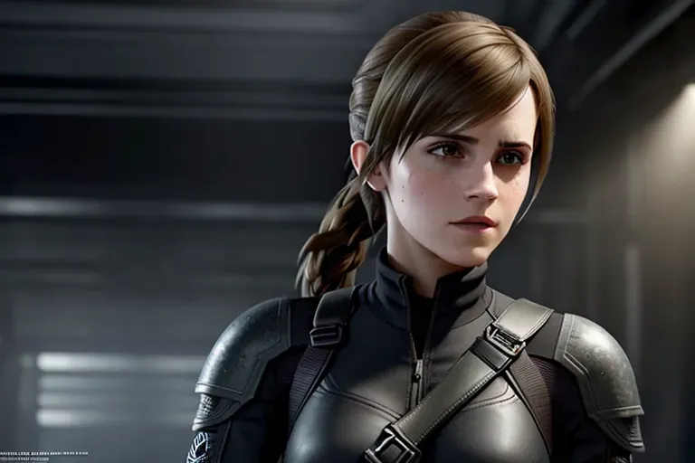 a concept art of,Emma Watson, fightened, in resident evil, in black tactical pants, black military armor, gun holsters, combat boots, five fingers per hand,brown hair, ponytail,bangs,charming face,beautiful lips, deep eyes,curved eyebrows,textured skin,cgsociety,8k,unreal engine,highly detailed,artstation, deviantart, cinematic, sharp image, centered, medium close up, 8k,studio lighting, head in frame, long neck