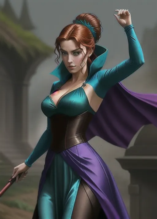 low angle dressed in elegant teal and purple velvet gown and teal and black cape with black halter jacket, the one she wore to the unveiling of the statue of her parents, her hair done up in a low hanging bun, sweet Beautiful youthful sultry auburn haired newly turned vampire Queen Anna of Arendelle runs her tongue across her new formed pair of vampire fangs her eyes glowing bright red as she rises from her dark foggy cobwebbed crypt. photorealistic.