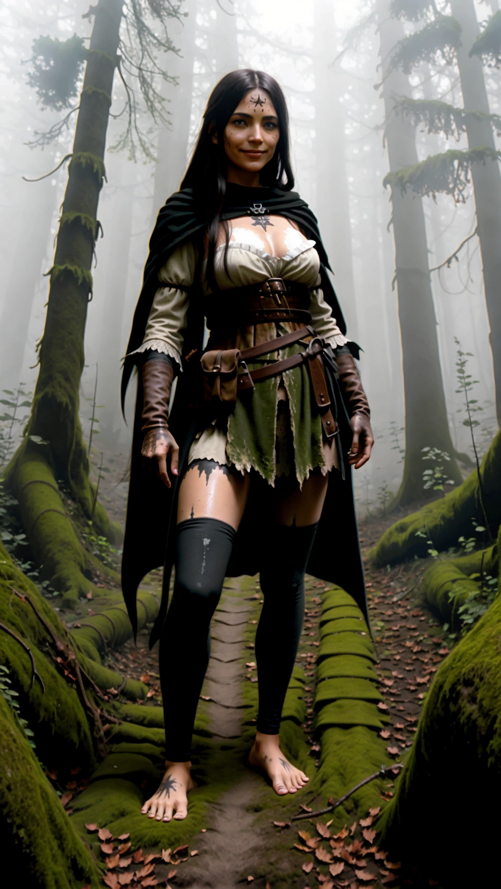 full-body image of a fit tan thin beautiful barefoot German adventurer woman with long hair wearing medieval adventurer attire while exploring a decaying forest, (beautiful petite feminine feet: 1.2), (barefoot: 1.3), (wearing warm black medieval adventurer attire: 1.2), (long dark hair: 1.2), (German woman: 1.3), (cursed foggy dark rotting decaying forest: 1.4), (black toenails: 1.2), (gloves: 1.2), (tights: 1.2), (magic markings on feet: 1.3), (smug smirk: 1.2),