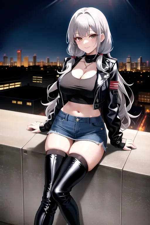 full body, gray hair, brown eyes, short girl, denim miniskirt, black high heeled boots, looking at viewer, long hair, pale skin, silver necklace, black crop top, 24 years old, giant breasts, cute face, pov, wavy hair, city environment, Oklahoma City, wide eyes, erotic, skirt tug, leather jacket, nighttime, black backpack, slim body, low pigtails, sitting on wall, smiling, thigh high boots, cleavage