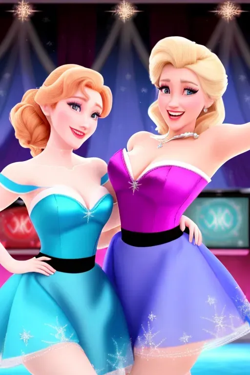 Anna and Elsa of Arendelle dancing at a 1950 style sock hop. high ponytails tied with a hair scarf. Malt shop. Jukebox. poodle skirts. Elvis. Retro Diner.
Elsa in blue. Elsa platinum blond hair.
Anna in soft green. Anna with auburn hair. ultra realistic. High res.