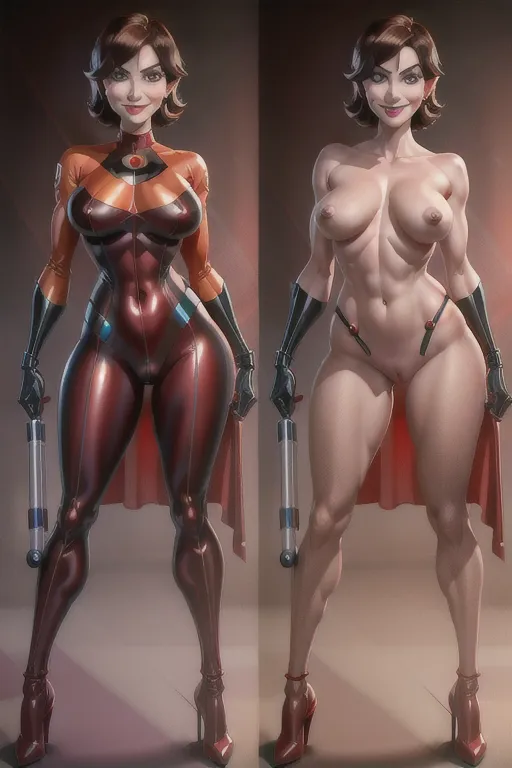 High quality NSFW side by side photo of hot bimbo milf Helen Parr in and out of her Incredibles uniform <lora:onoff:1>, very aroused, smiling seductively, perfect face, photorealistic, masterpiece, best quality, deepfake quality, in the art style of Paolo Eleuteri Serpieri, similar to Druuna art style,