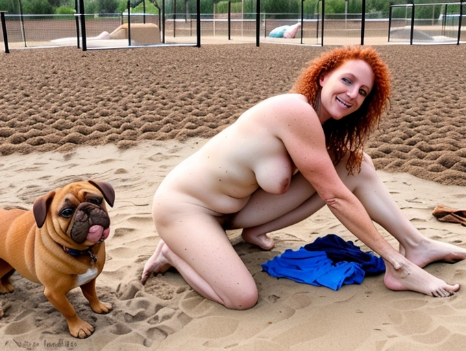 Beautiful Dirt covered homeless woman, dirty ginger hair, nude, no pants, exposed vagina, exposed breasts, (background dog park filled with dogs), legs spread, tired happy face, pet dog, legs spread
