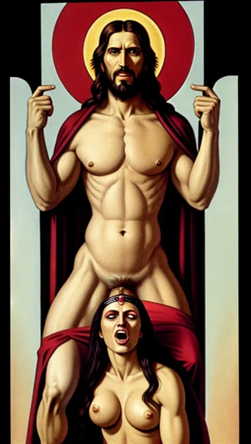 Evil-looking Jesus Christ in a red Roman sash, with a red halo around his head, having anal sex with Mary Magdalene. Jesus has a massive circumcised penis. Mary Magdalene is fully nude. Mary has has massive tits. Jesus is pinching Marys nipples. Milk is coming out from Marys breasts. Mary is screaming in pain from the size of Jesus cock.