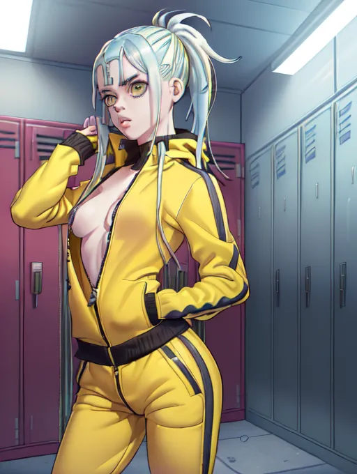 realistic HD photograph ((wide shot)), (((Billie Eilish))) ((((accurate face)))),(((in a locker room)))(((wearing unzipped yellow tracksuit with black trim)))(((topless))),((very sexy pose)),(((small perky breasts))),(((slender body))), five slender fingers, beautiful face, beautiful lips,detailed large eyes,curved eyebrows,cgsociety,cinematic lighting,studio lighting,professional,editorial,<lora:dpmg_fingering:1>