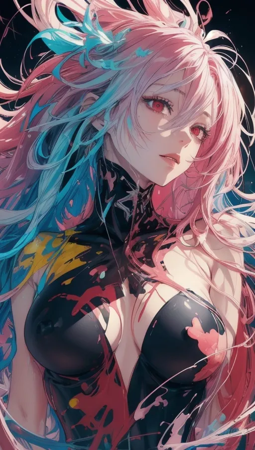 (Best quality), (super colorful abstract portrait of a woman with naked nipples), (Long flowing pink hair with long_side_strands and hair between eye:1.2),
(correct anatomy, slender and toned), (large red eyes looking at viewer:1.22), (close up profile view of cute japanese face with neutral expression:1.12), beautiful thin lips smiling gently,
Energetic and seductive, (abstract colour explosion with high levels of dynamic and saturation, dynamic yellow and blue paint splatter:1.25), hyperrealistic skin, (yuzuriha inori from guilty crown:1.04),
<lora:QlWbD9eLxyo_shenhe_realistic:0.15>,
soft focus, sharp and clear image, (flat shading stylised colorful art, thick black outline:1.17), <lora:dpmg_add_detail:0.55>, (physically based ray-tracing, photon mapping), (high resolution masterpiece), big woman, side view