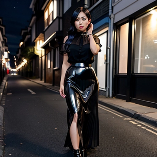 40 year old Filipina on a British street at night
Wearing black pleated cotton maxi skirt
Wearing Black high heel pumps
Wearing clear latex stockings
Wearing blouse
Ultra detailed face
Long black hair
Plump lips
Show feet
