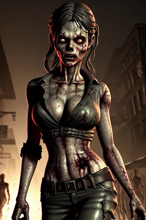 Walking Dead Style a 3d render of a zombie girl sexy portrait wearing ragged clothes closeup dark city scene detailed skin angular features highly detailed eyes and face, intricate details and sharp cel shading octane masterpiece 8K global illumination bokeh hdr walking dead style 3d high quality details body and face and hair perfect body and face and hair 8k HD