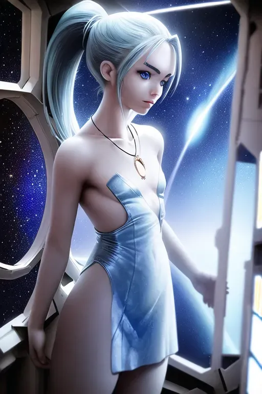 a photograph of,an anime girl,wearing frock,standing,in the space station,small breasts, naked,five fingers per hand,ponytail,charming face,beautiful lips,blue eyes,curved eyebrows,curved eyelid,textured skin,joyful,wearing necklace,pixiv,surreal,professional,unreal engine,artstation