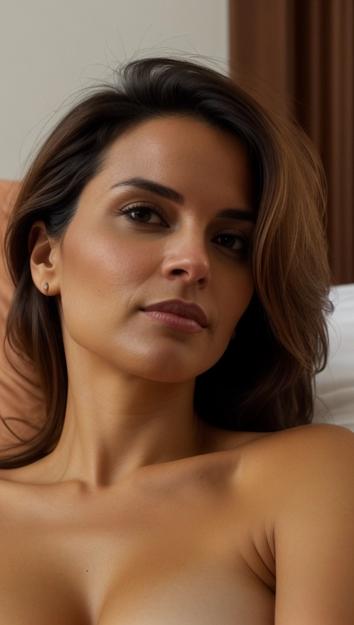 Origin-Seychelles, age-25, bodyshape-athletic, position-(((lying on back))), leaning at the head of the bed with leg up, face-relaxed and approachable, eyes-looking directly at the camera, nose-medium length, mouth-slightly smiling, hair color-dark brown, hair style-Dido flip, dressing style-Boho-chic, emotion-casual confidence. Camera-DSLR, angle-eye level, level of close up-medium shot, lighting-natural light with a soft shadow effect, camera settings-ISO 100, aperture f4, shutter speed 1-200 sec., (beautiful small boobs)