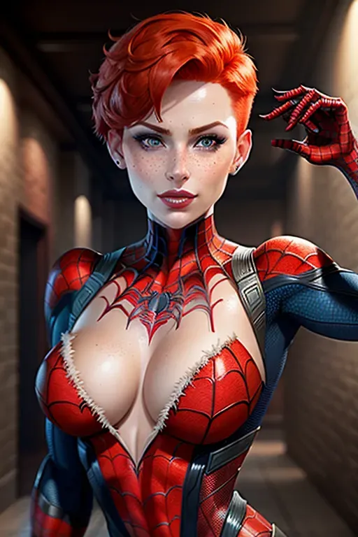 A beautiful women, short haircut, redhead, freckles, cleavage, straight, skin Spider-Man, 3d, front view, walls