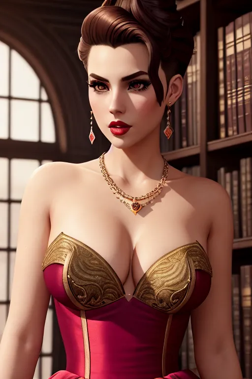 a digital painting of,a crazy girl,wearing empress dress,standing,at the library,amazing breasts,five fingers per hand,undercut hair,charming face,beautiful lips,brown eyes,curved eyebrows,curved eyelid,pale skin,peaceful,wearing necklace,professional,editorial,unreal engine,8k,cinematic lighting