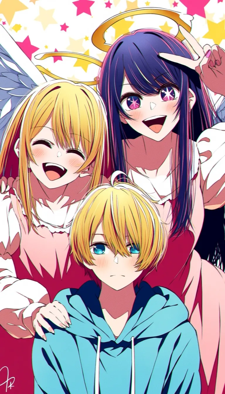 masterpiece, best quality, score_9, @4b-enpitsu, oshi no ko, hoshino ai, hoshino aquamarine, hoshino ruby, 1boy, 2girls, angel wings, blonde hair, blue eyes, blue hoodie, blush, closed eyes, dress, hair between eyes, halo, hand on another's shoulder, hood, hood down, hoodie, juliet sleeves, long hair, long sleeves, mother and child, mother and daughter, mother and son, multiple girls, one eye closed, open mouth, parent and child, pink dress, pink eyes, puffy sleeves, purple hair, short hair, sidelocks, star-shaped pupils, star (symbol), symbol-shaped pupils, teeth, upper teeth only, w, wings, commentary, highres