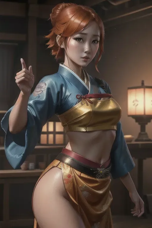 a oil painting of,inoue orihime,wearing hanbok,dancing,in a dystopian future,small breasts,five slender fingers,short thick hair,beautiful face,beautiful lips,blue eyes,curved eyebrows,curved eyelid,romantic,tattoo,artstation,unreal engine,editorial,professional,sharp focus