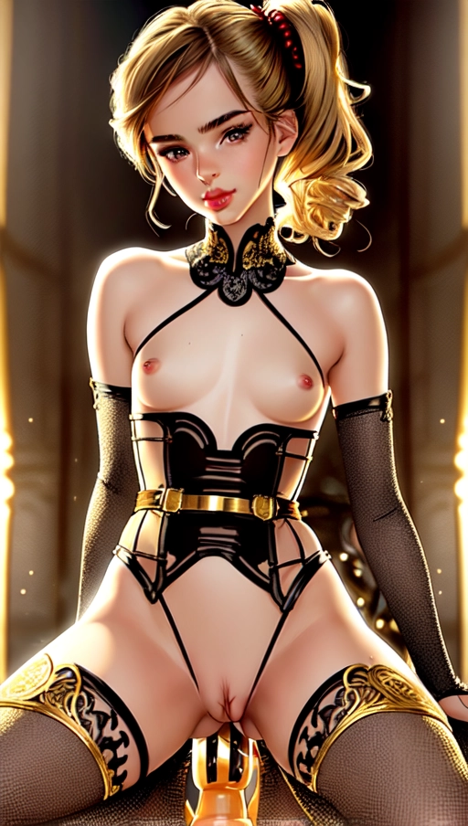 Highly detailed high resolution Portrait photo of, young Emma Watson nude except for sexy revealing silk seethrough sheer one piece body suit loin cloth, (visible nudity under clothes), beautiful eyes, ((((accurate face)))), ((accurate face)), fire red lips, wet lips, mouth partially open, showing full body, nude, erect nipples, visible nipples, sexy pose, (((flat chested))), shaved pussy, visible pussy, (((visible red puffy pussy lips))), (((showing big pussy lips))), legs spread, (((showing pussy))), five slender fingers, (((long hairstyle, side ponytail))), beautiful face, beautiful lips, detailed large eyes, curved eyebrows, cinematic lighting, studio lighting, professional, editorial, female orgasm, smiling sexy, (((looking horny straight into the camera))), (((skinny))), thin, (((golden transparent filigree))), ((inner city background)), stripping, fingers pulling clothes, looking back at viewer, (((perfect smooth pussy))), licking, (((sexy revealing body suit))), ((topless)), ((((crotchless)))), cute, ((slender body)), (((crouched))), topless, (((thumb in belt))), (((riding golden dildo))), <lora:dpmg_riding_dildo:1>